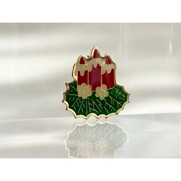 Gold Toned Triple Holiday Candle w/ Mistletoe Vintage Christmas Brooch Lapel Pin - Picture 4 of 5